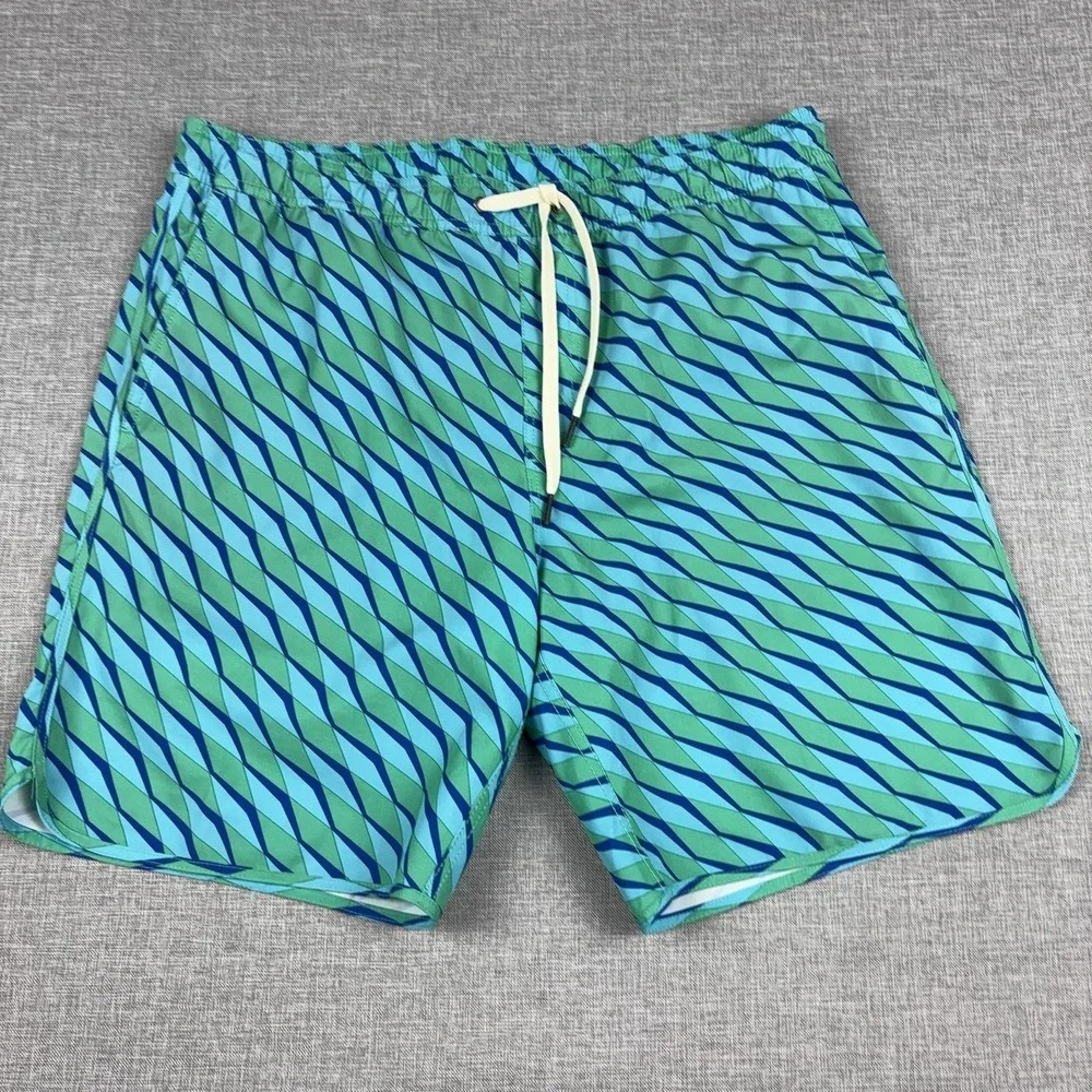 Fair Harbor Swim Shorts Mens Large Blue Green Geometric Trunks Lined Stretch